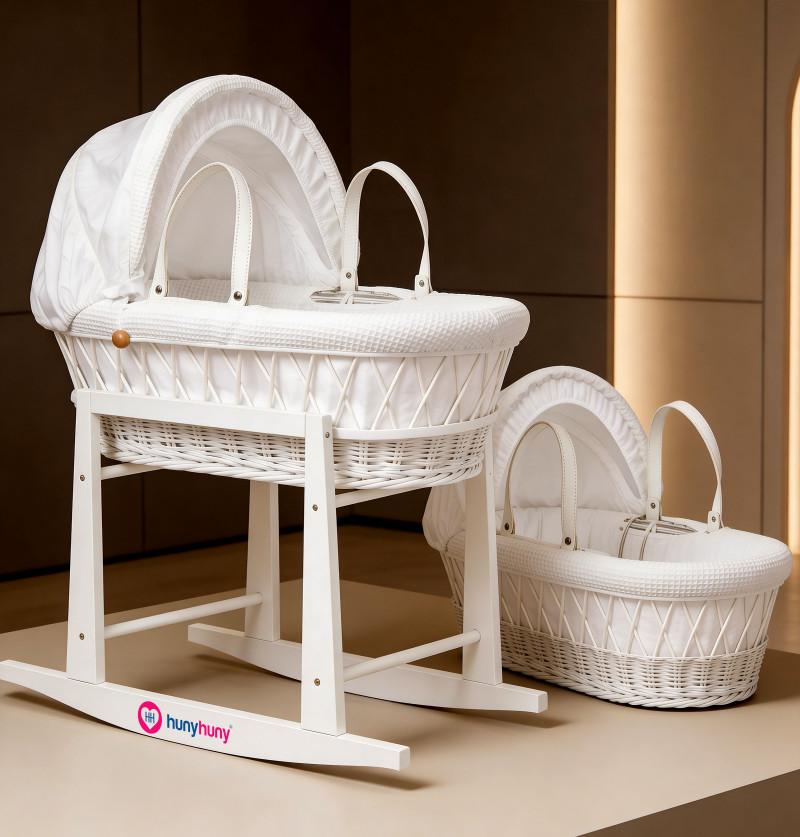HunyHuny Cradle with Rocking Stand & Canopy | Portable Bassinet - White