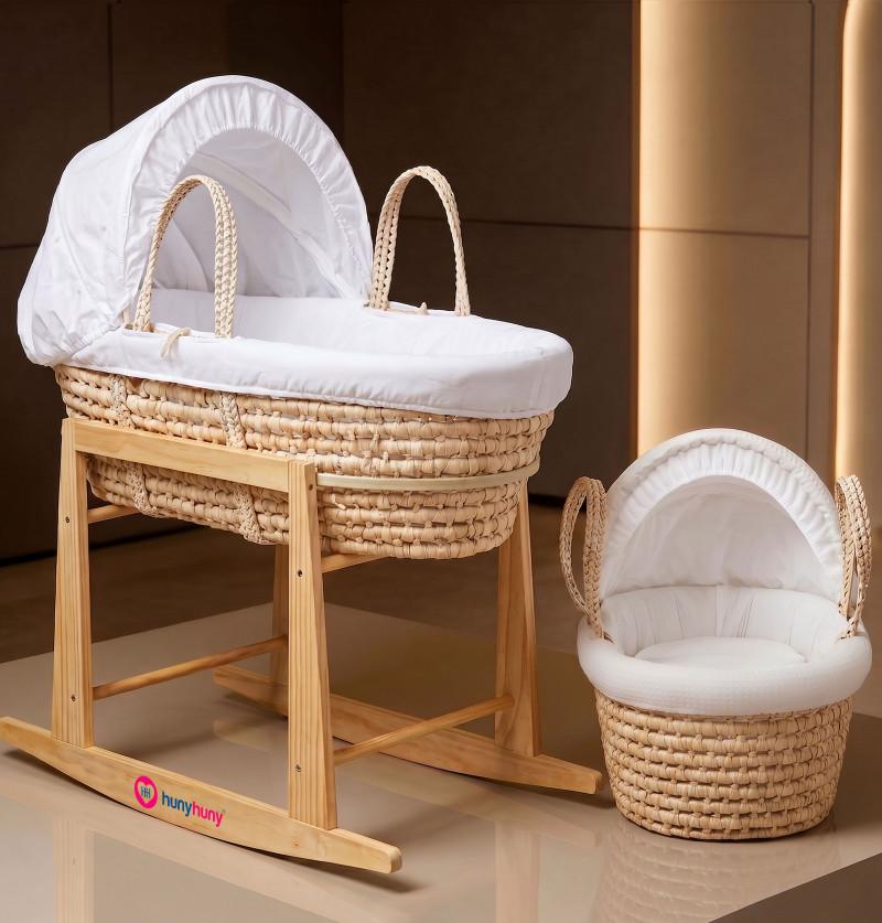 HunyHuny Cradle with Rocking Stand & Canopy | Portable Bassinet - Brown