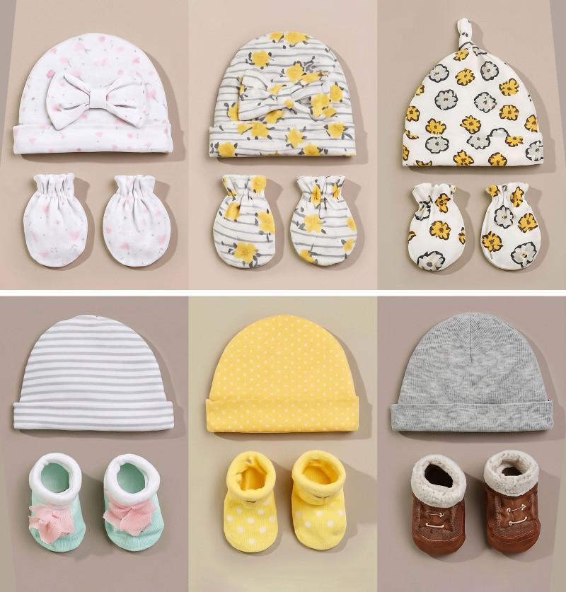 Newborn Baby Essential Cap, Mitten & Socks Combo Gift Set - Pack of 4 - Assorted Color & Design