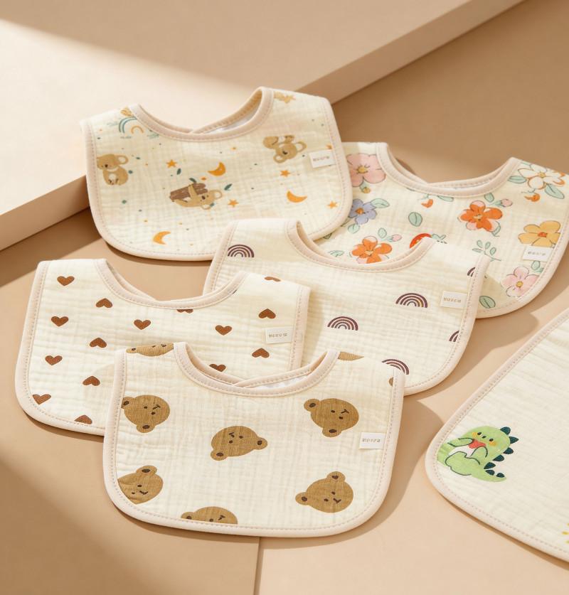 5 Pcs, Muslin Cotton Waterproof Soft Absorbent Feeding Bib - Pack of 5