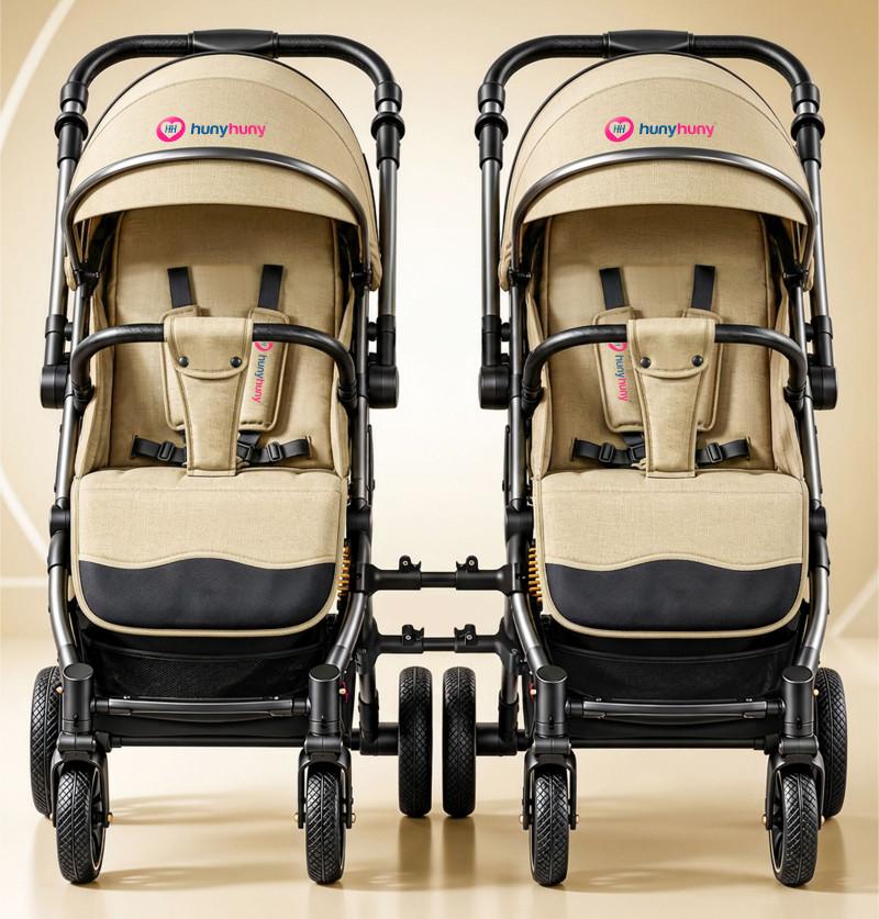 Detachable Twin Stroller- Reversible Handle - Cabin-Friendly| One-Touch Compact Travel Pram - Khakhi