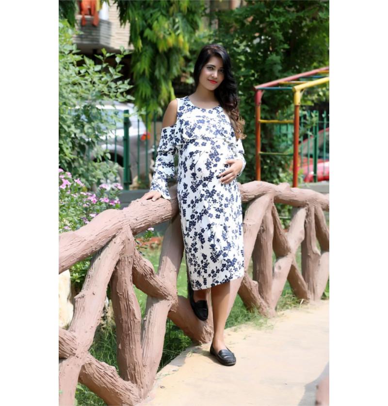 Flower Print White Maternity Dress